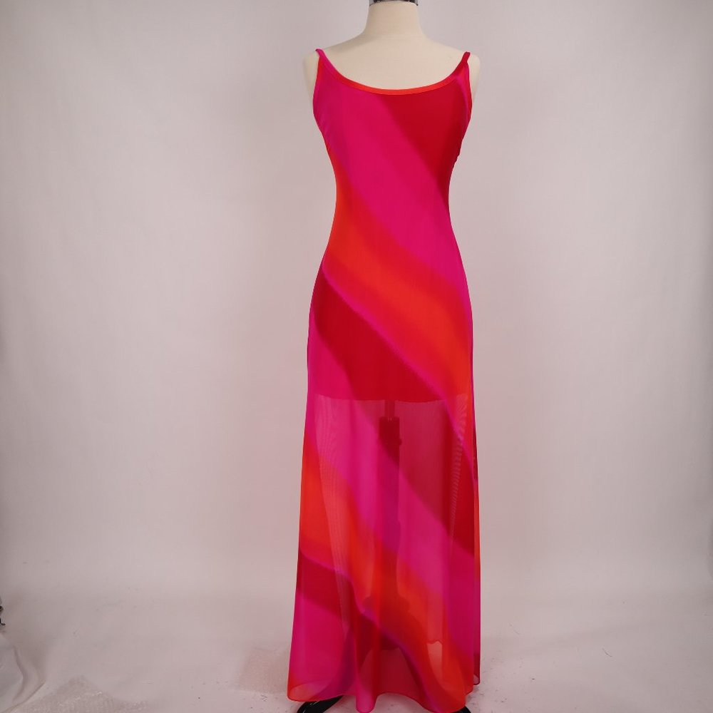 Tadashi NWOT Vtg 90's Rainbow Pink Orange Mesh Dip Dye Maxi Party Dress Gown XS